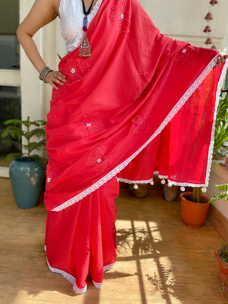 Cotton saree with Single flower Patchwork and Hand Embroidery