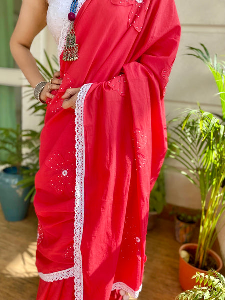 Cotton saree with Single flower Patchwork and Hand Embroidery