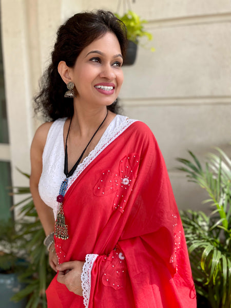 Cotton saree with Single flower Patchwork and Hand Embroidery