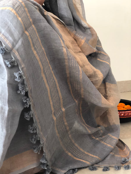 Smoky Grey - Handwoven Linen Saree