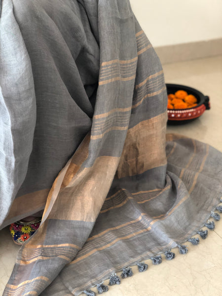 Smoky Grey - Handwoven Linen Saree