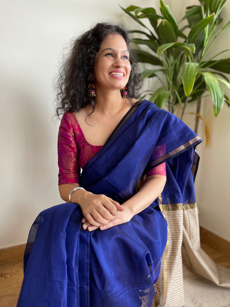 Handwoven Maheshwari Cotton Silk Saree with woven zari border