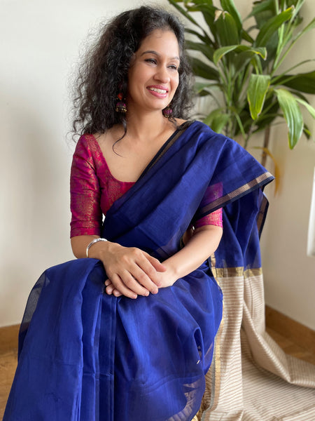 Handwoven Maheshwari Cotton Silk Saree with woven zari border