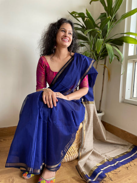 Handwoven Maheshwari Cotton Silk Saree with woven zari border
