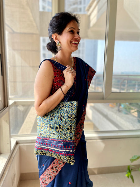 Ajrakh blockprinted Mashroo Silk Embroidered Jhola
