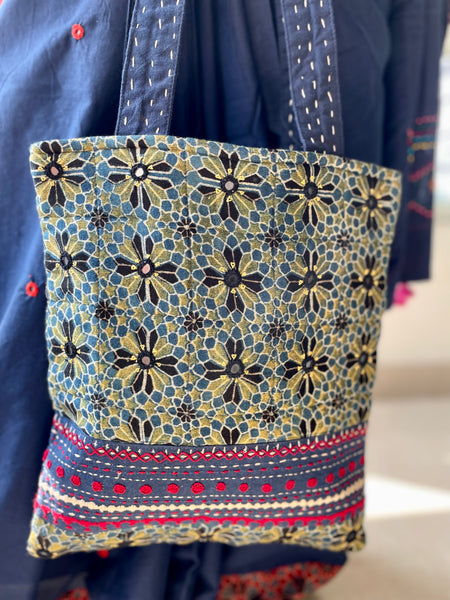 Ajrakh blockprinted Mashroo Silk Embroidered Jhola