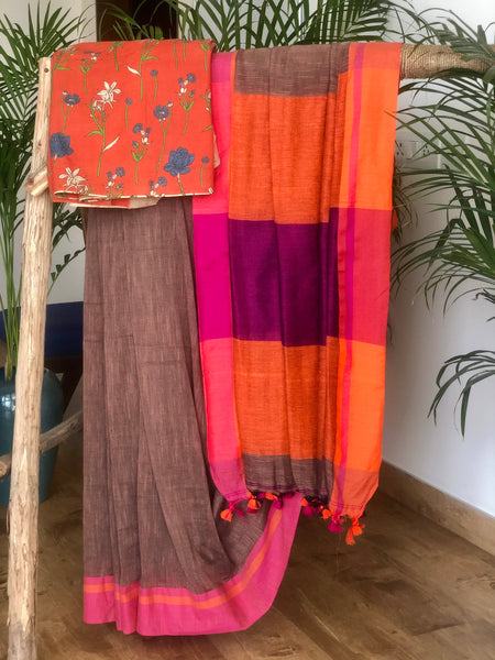 Dark brown khadi cotton saree