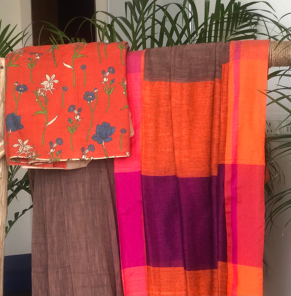 Dark brown khadi cotton saree