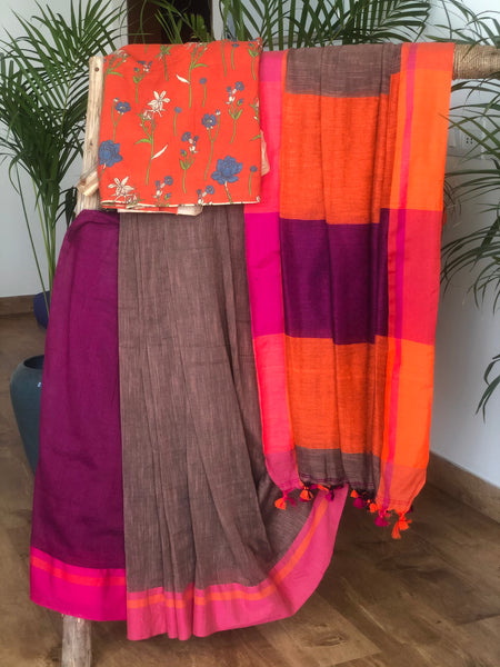 Dark brown khadi cotton saree
