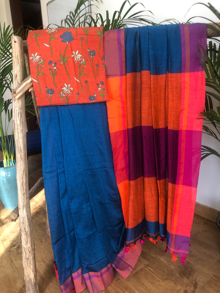 Bengal handloom khadi cotton saree - Navy Blue