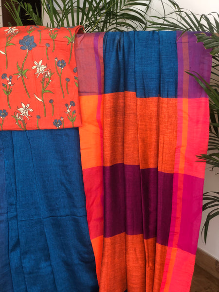 Bengal handloom khadi cotton saree - Navy Blue