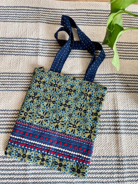 Ajrakh blockprinted Mashroo Silk Embroidered Jhola