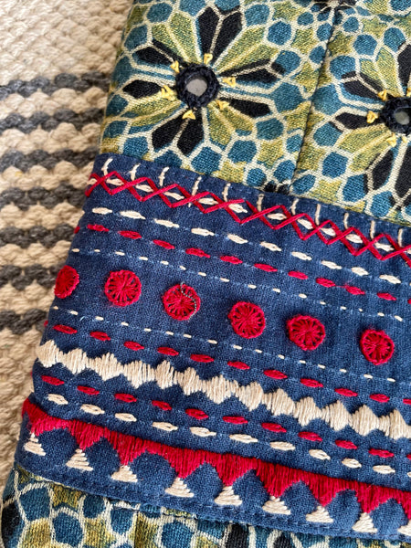 Ajrakh blockprinted Mashroo Silk Embroidered Jhola
