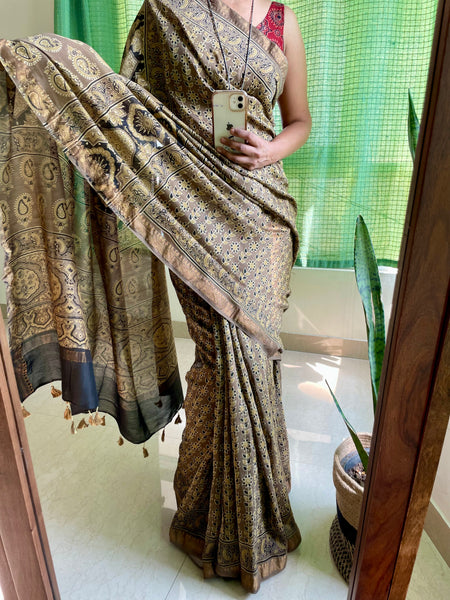 Ajrakh naturally dyed cotton silk saree