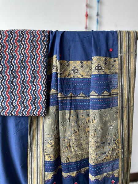 Applique Ajrakh Hand Embroidered Cotton Saree