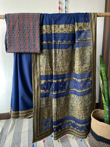 Applique Ajrakh Hand Embroidered Cotton Saree