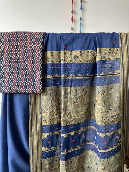 Applique Ajrakh Hand Embroidered Cotton Saree