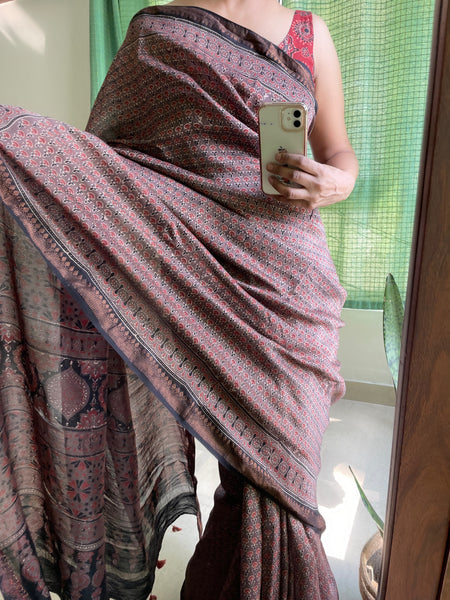 Ajrakh naturally dyed cotton silk saree