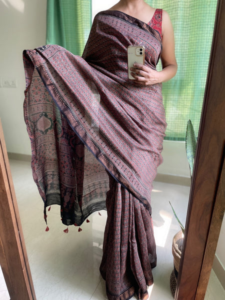 Ajrakh naturally dyed cotton silk saree