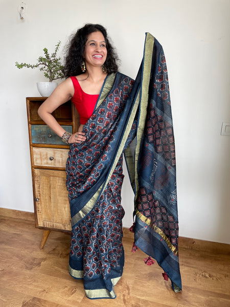 Patela border cotton silk hand block printed dabu saree with sitara embroidery.