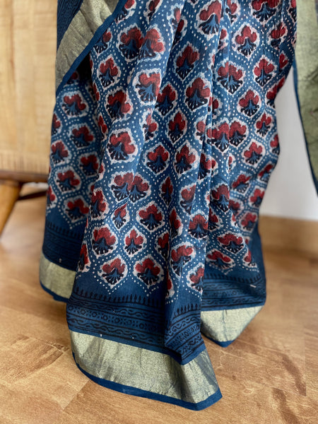 Patela border cotton silk hand block printed dabu saree with sitara embroidery.
