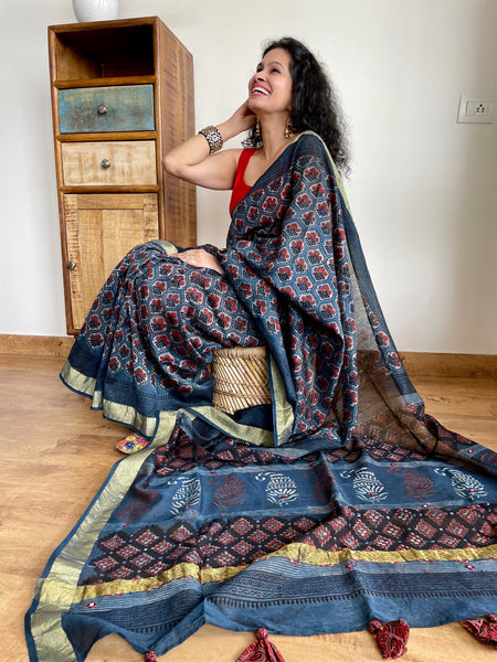 Patela border cotton silk hand block printed dabu saree with sitara embroidery.