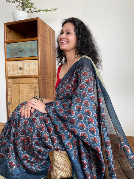 Patela border cotton silk hand block printed dabu saree with sitara embroidery.
