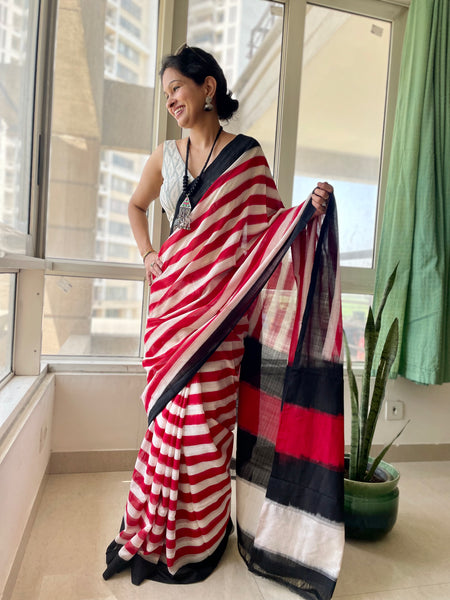 Red and white Woven double Ikkat Pochampally Cotton saree