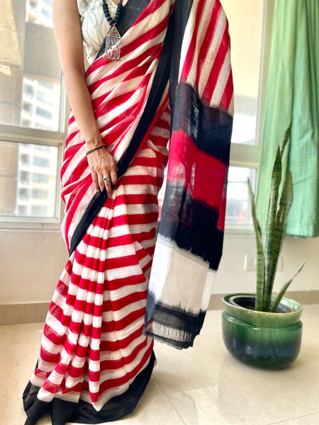 Red and white Woven double Ikkat Pochampally Cotton saree