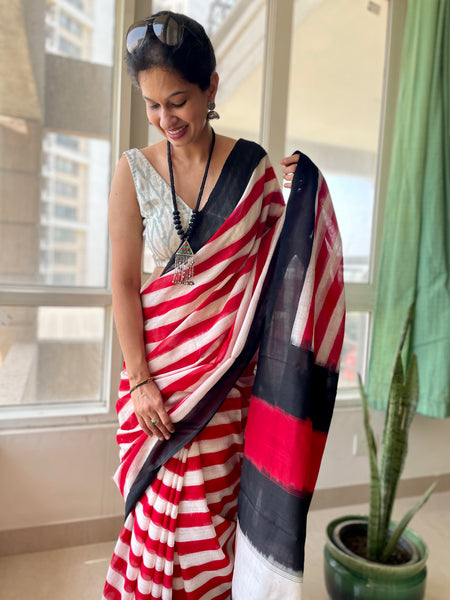 Red and white Woven double Ikkat Pochampally Cotton saree