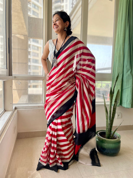 Red and white Woven double Ikkat Pochampally Cotton saree