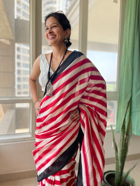 Red and white Woven double Ikkat Pochampally Cotton saree