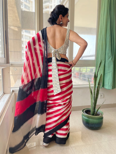 Red and white Woven double Ikkat Pochampally Cotton saree