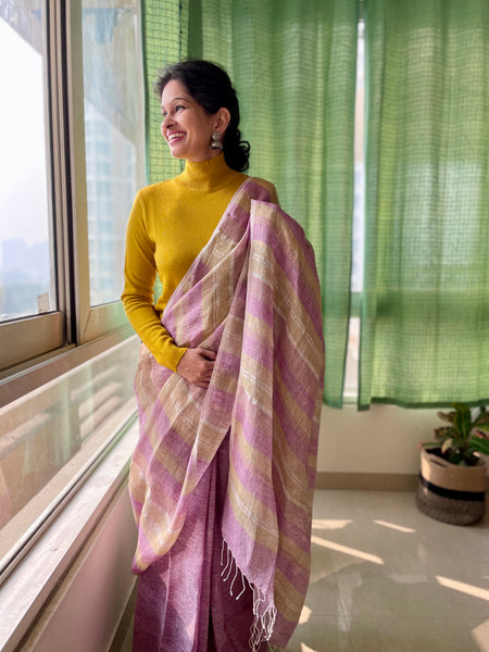 Purple and pista green stripes - Handwoven Linen Saree