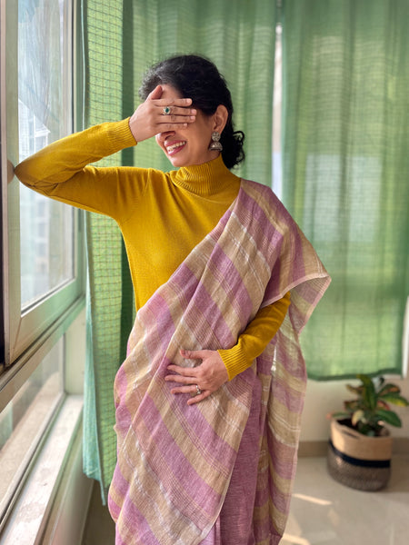 Purple and pista green stripes - Handwoven Linen Saree