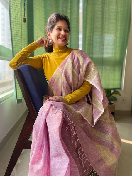 Purple and pista green stripes - Handwoven Linen Saree