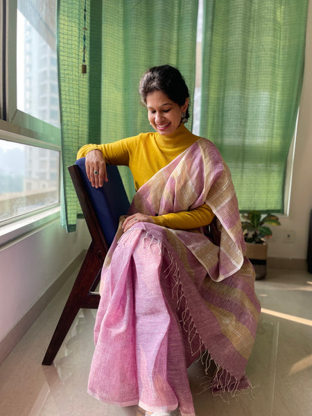 Purple and pista green stripes - Handwoven Linen Saree