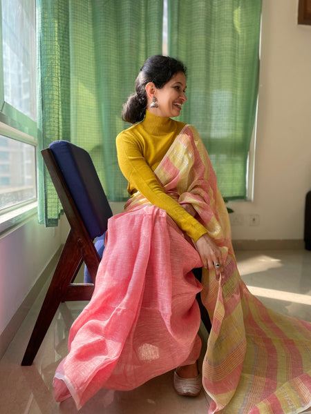 Peach and yellow stripes - Handwoven Linen Saree
