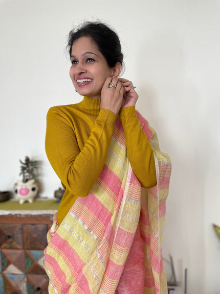 Peach and yellow stripes - Handwoven Linen Saree