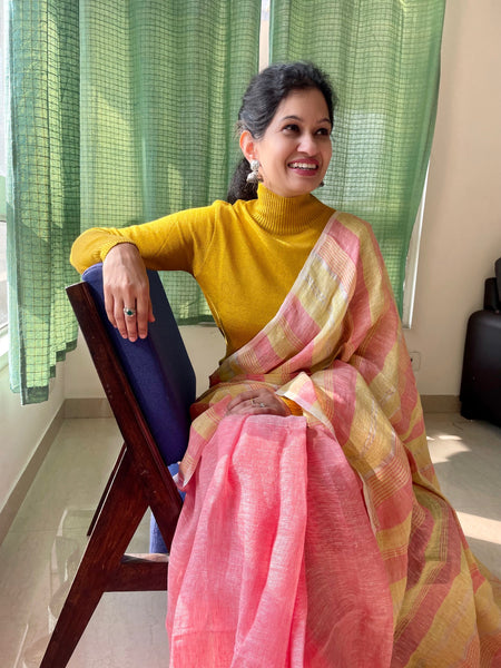 Peach and yellow stripes - Handwoven Linen Saree