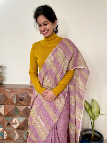 Purple and pista green stripes - Handwoven Linen Saree