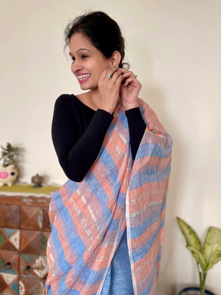 Blue and peach stripes - Handwoven Linen Saree