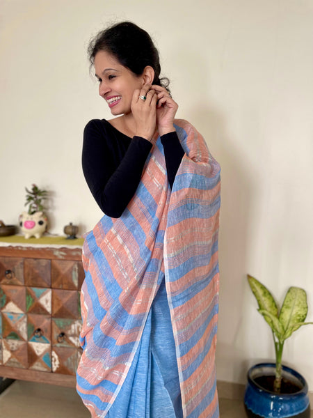 Blue and peach stripes - Handwoven Linen Saree