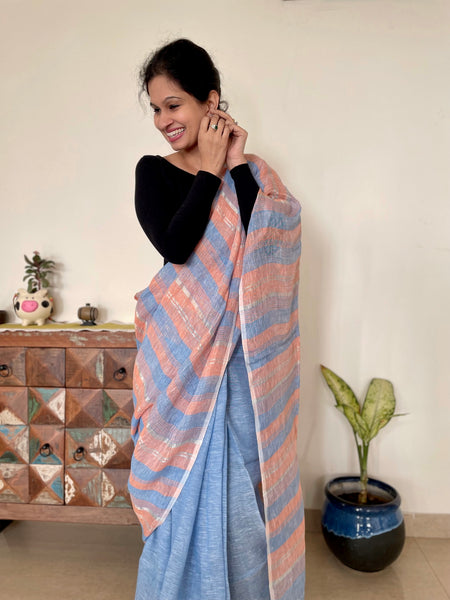 Blue and peach stripes - Handwoven Linen Saree