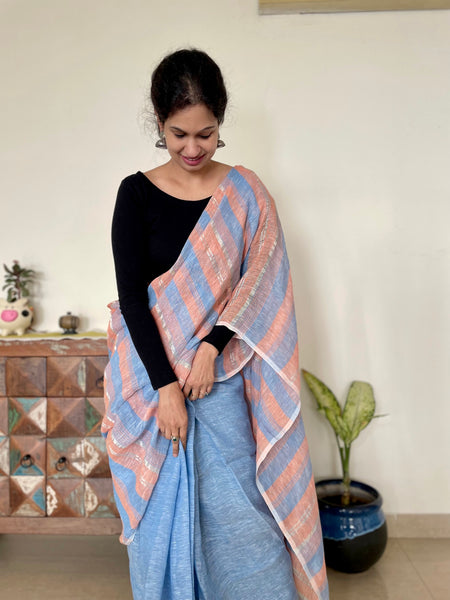 Blue and peach stripes - Handwoven Linen Saree