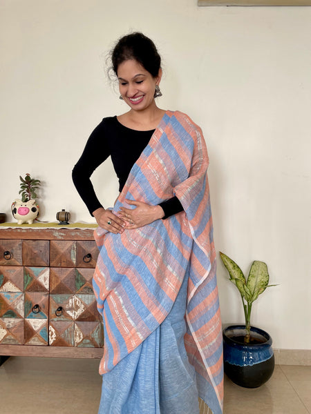 Blue and peach stripes - Handwoven Linen Saree