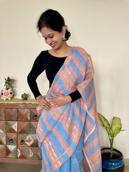 Blue and peach stripes - Handwoven Linen Saree