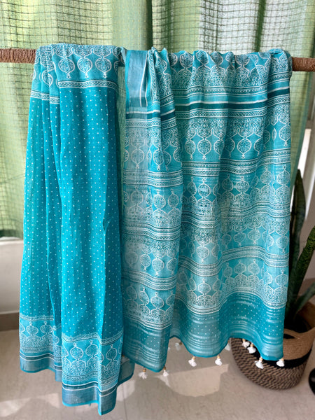 Slub cotton hand block printed saree