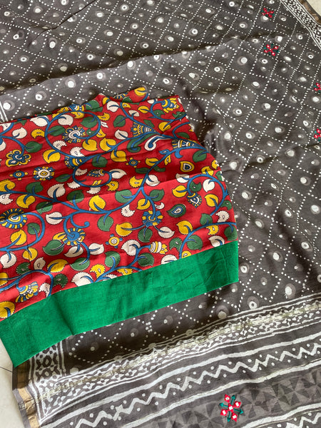 Embroidered handblock printed chanderi cotton silk saree