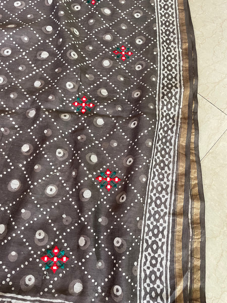 Embroidered handblock printed chanderi cotton silk saree